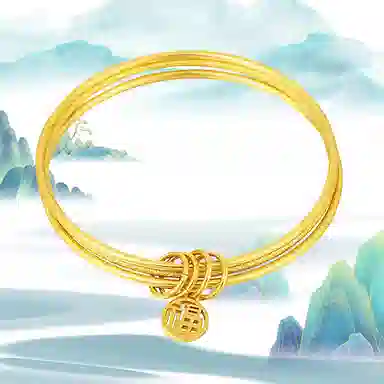 华髻 新中式国潮三生三世福牌 三层叠戴细圈素福牌轻奢百搭高级感气质  国潮复古 古法传承金色 手镯 女款 礼物