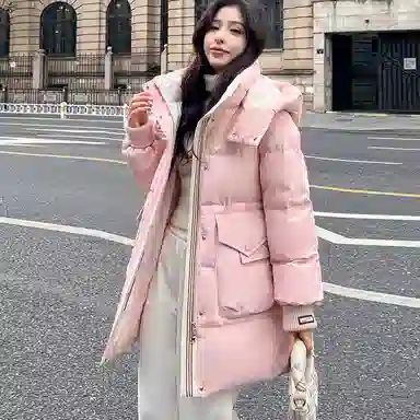 鸭鸭 纯色连帽保暖加厚中长款休闲羽绒服 女款