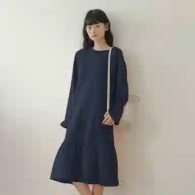 【dme】 纯色圆领长款长袖连衣裙 女款 藏青