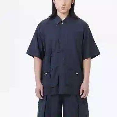 中国李宁 成龙联名功夫系列 纯色宽松休闲短袖衬衫 男款 炭黑色