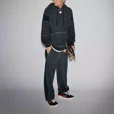 中国李宁 滑板系列 撞色宽松套头连帽卫衣 男女同款 黑色