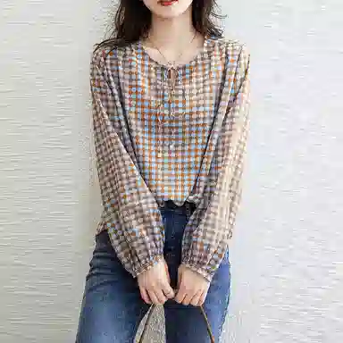 【dme】 休闲圆领系带圆点长袖雪纺衫 女款 灰蓝