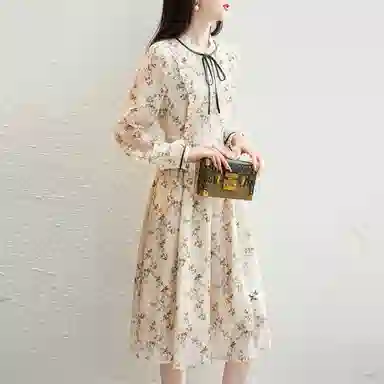 【dme】 法式碎花气质长裙长袖连衣裙 肉桂色