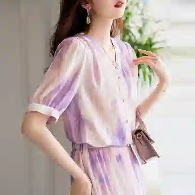 【dme】 渐变休闲短袖衬衫 女款 粉紫