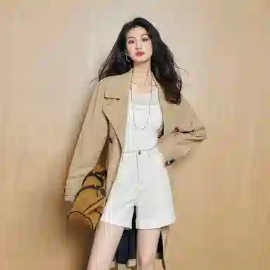 美洋 纯色双排扣中长款两面穿风衣 女款 浅卡其