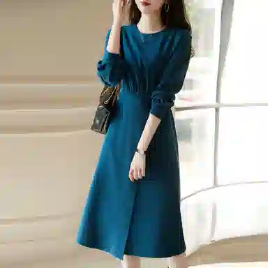 【dme】 纯色复古不规则圆领长袖连衣裙 醇蓝