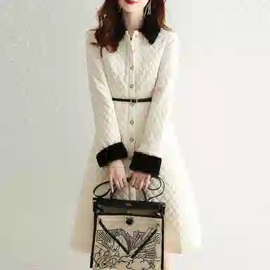 【dme】 纯色菱格法式收腰长袖连衣裙 本白