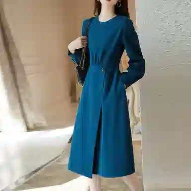 【dme】 纯色复古不规则圆领长袖连衣裙 醇蓝