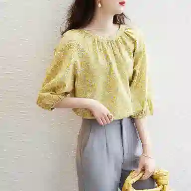 【dme】 碎花圆领套头蝙蝠长袖衬衫 女款 芥末黄