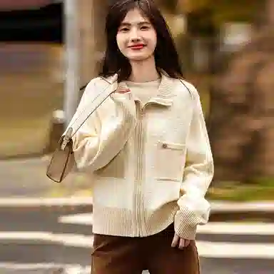 【dme】 撞色立领拉链开衫长袖针织衫 女款 杏色