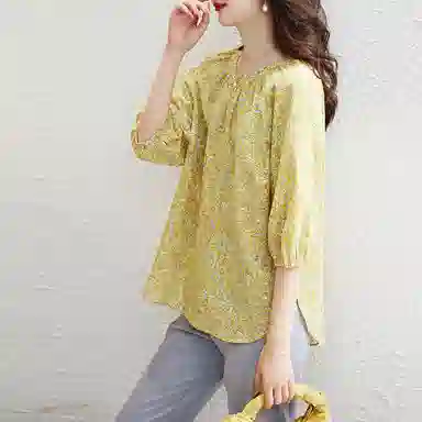 【dme】 碎花圆领套头蝙蝠长袖衬衫 女款 芥末黄