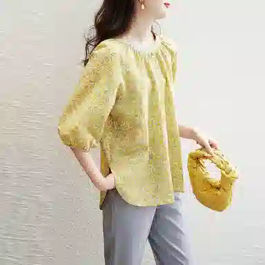 【dme】 碎花圆领套头蝙蝠长袖衬衫 女款 芥末黄