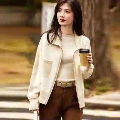 【dme】 撞色立领拉链开衫长袖针织衫 女款 杏色