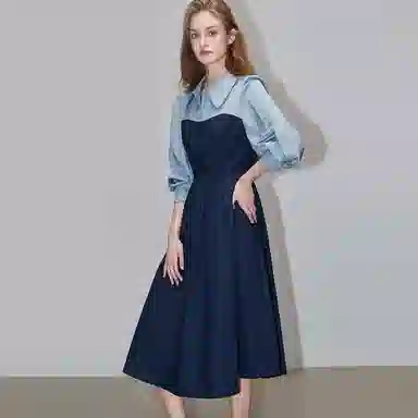 【dme】 法式撞色拼接娃娃领套头中腰假两件衬衫式长袖连衣裙 女款 藏青