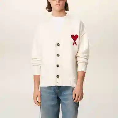 AMIPARIS Logo V-Neck Knit Cardigan Ivory