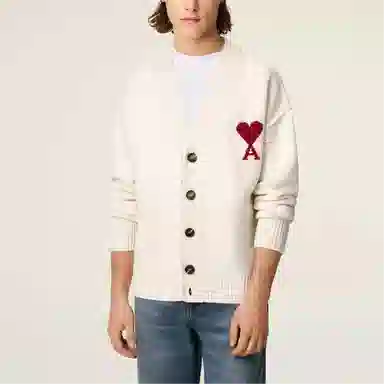 AMIPARIS Logo V-Neck Knit Cardigan Ivory
