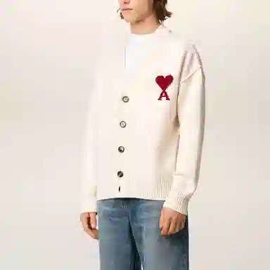 AMIPARIS Logo V-Neck Knit Cardigan Ivory