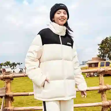 鸿星尔克 驭光科技系列 撞色休闲运动立领保暖羽绒服 男女同款 骨缥