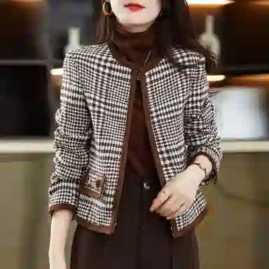 【dme】 圆领直筒长袖夹克外套 女款 格纹