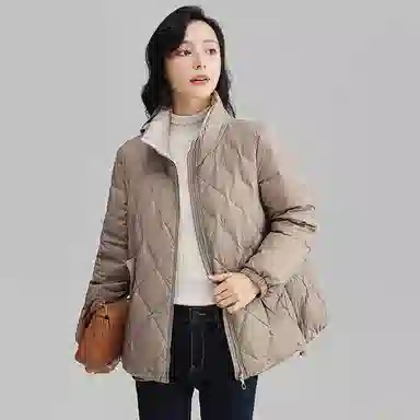 鸭鸭 纯色拉链立领修身长袖轻薄菱格简约百搭时尚休闲通勤日系大口袋羽绒服 女款