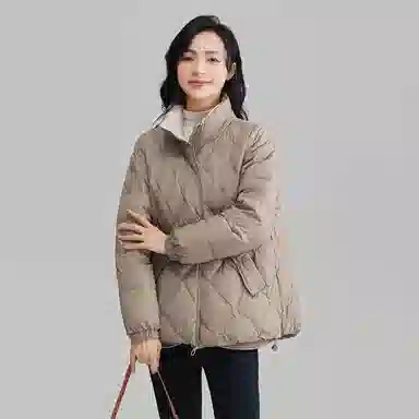 鸭鸭 纯色拉链立领修身长袖轻薄菱格简约百搭时尚休闲通勤日系大口袋羽绒服 女款
