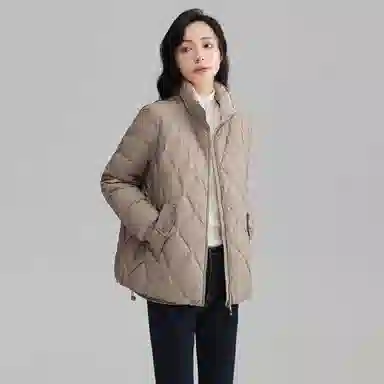 鸭鸭 纯色拉链立领修身长袖轻薄菱格简约百搭时尚休闲通勤日系大口袋羽绒服 女款