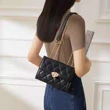 红蜻蜓 百搭少女包法式小香风通勤链条包时尚菱格包 聚氨酯拼合成革 单肩包腋下包手提包斜挎包 女款 黑色/米白色