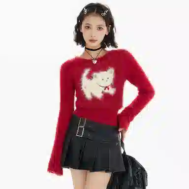 柏黛妃 卡通提花圆领长袖修身针织衫 女款 红色