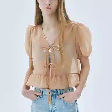 MARDI MERCREDI SS25 SHEER RIBBON BLOUSE HALF SLEEVE_BEIGE