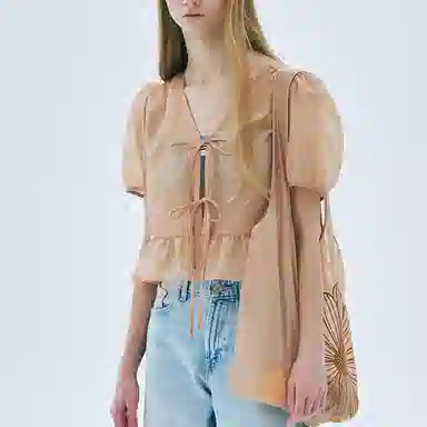 MARDI MERCREDI SS25 SHEER RIBBON BLOUSE HALF SLEEVE_BEIGE