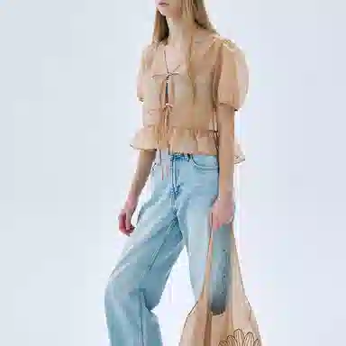 MARDI MERCREDI SS25 SHEER RIBBON BLOUSE HALF SLEEVE_BEIGE