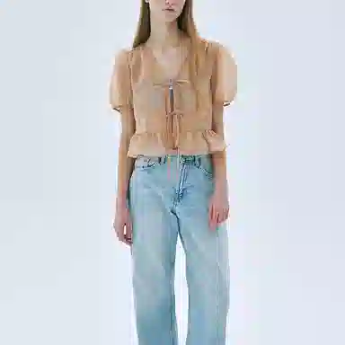 MARDI MERCREDI SS25 SHEER RIBBON BLOUSE HALF SLEEVE_BEIGE