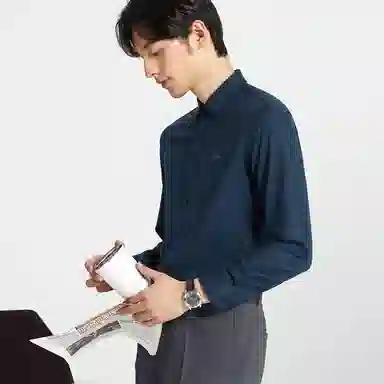 才子 尖领休闲刺绣长袖衬衫 男款