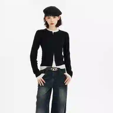 柏黛妃 撞色圆领长袖休闲直筒针织衫 女款