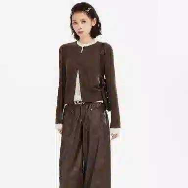 柏黛妃 撞色圆领长袖休闲直筒针织衫 女款