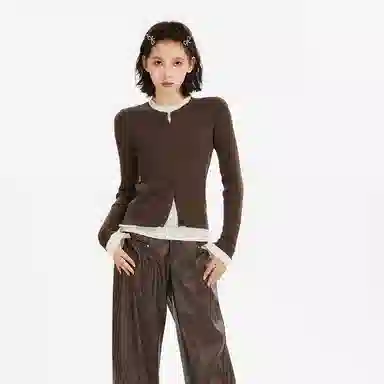 柏黛妃 撞色圆领长袖休闲直筒针织衫 女款