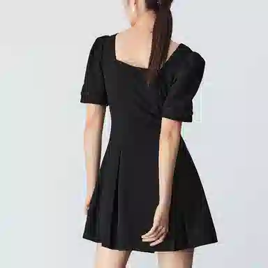 太平鸟 纯色高腰舒适短袖连衣裙 女款 黑色