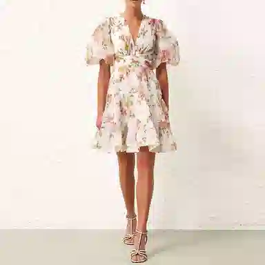 Zimmermann Floral V-Neck Mini Dress White