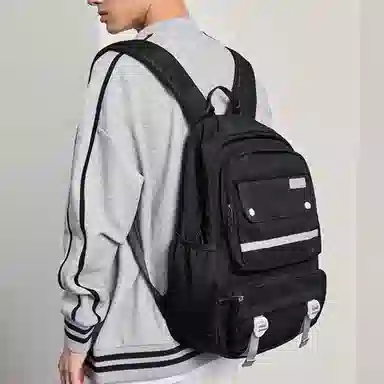 特步 休闲百搭简约 纺织织物 双肩包 男女同款情侣款 黑色