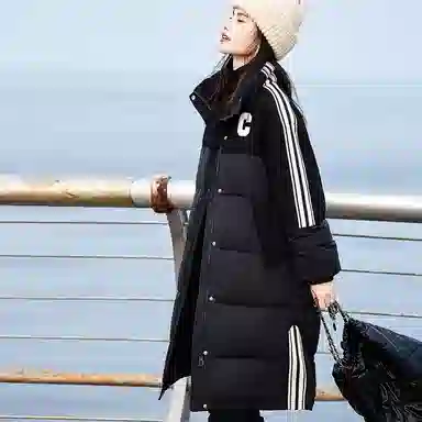 【dme】 纯色加厚保暖条纹立领长款羽绒服 女款