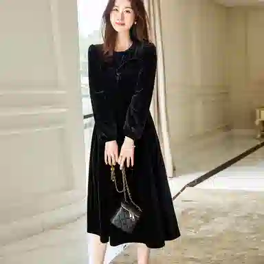 【dme】 纯色中腰丝绒长袖连衣裙 黑色
