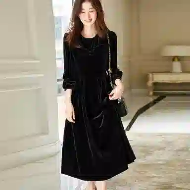 【dme】 纯色中腰丝绒长袖连衣裙 黑色