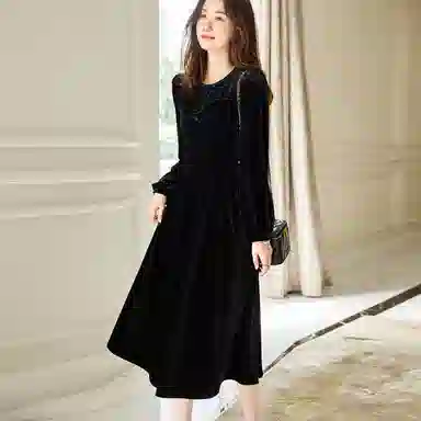 【dme】 纯色中腰丝绒长袖连衣裙 黑色