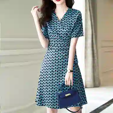 【dme】 复古满印休闲短袖连衣裙 钴蓝