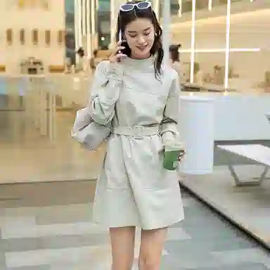 美洋 纯色立领休闲长袖连衣裙 米白