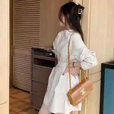 美洋 纯色立领休闲长袖连衣裙 米白