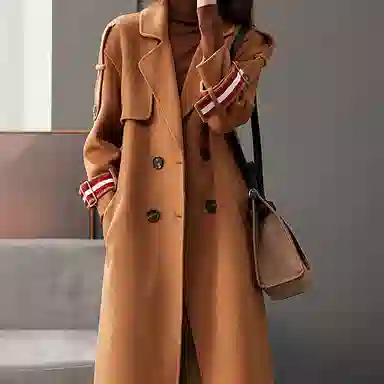 【dme】 袖袢条纹双排扣宽松双面呢休闲大衣 女款