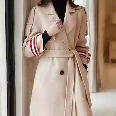 【dme】 袖袢条纹双排扣宽松双面呢休闲大衣 女款