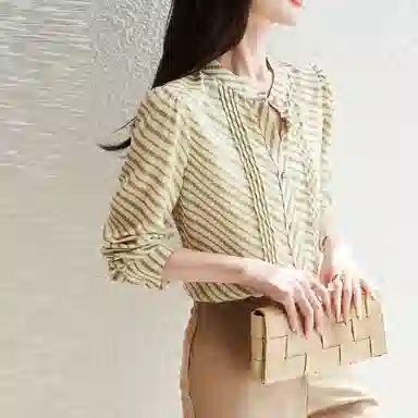 【dme】 条纹立领单排纽扣休闲直筒泡泡长袖衬衫 女款 芥末黄