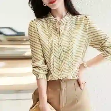 【dme】 条纹立领单排纽扣休闲直筒泡泡长袖衬衫 女款 芥末黄